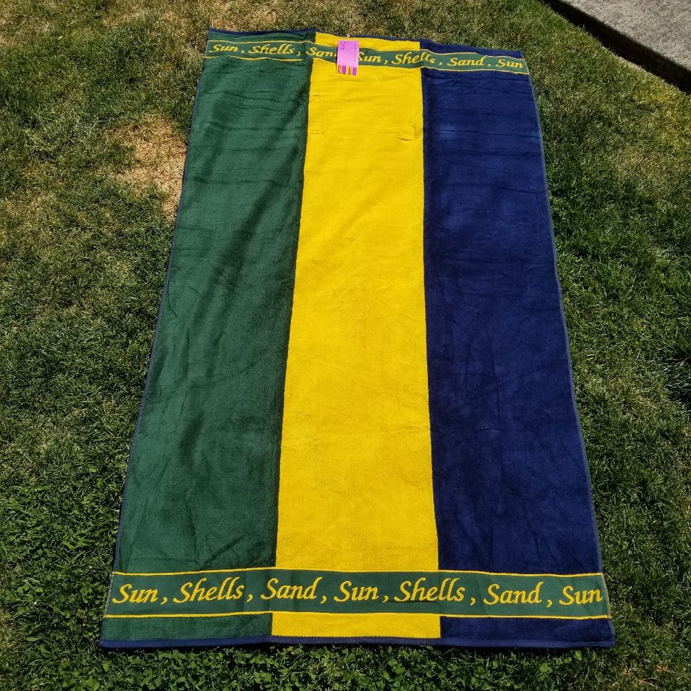 Vintage 2000 Mervyn's 40"x70" Beach Towel Green Gold Navy New w/ Tag + Defect
